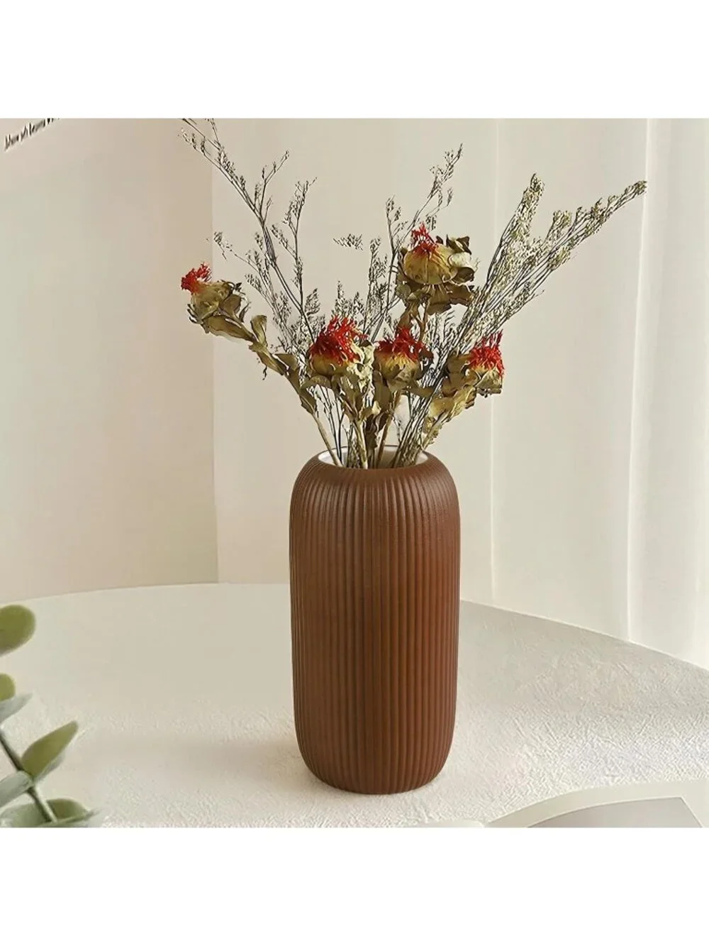 Modern Small Caramel Ceramic Vase Flowers Ribbed Textured Farmhouse Home Livings